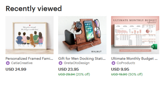 Etsy recently viewed.