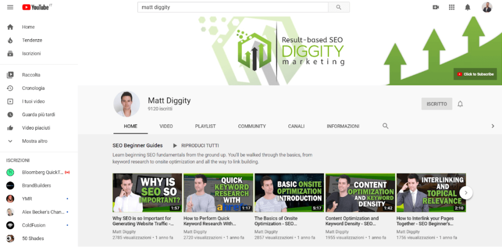 Matt Diggity YouTube page.