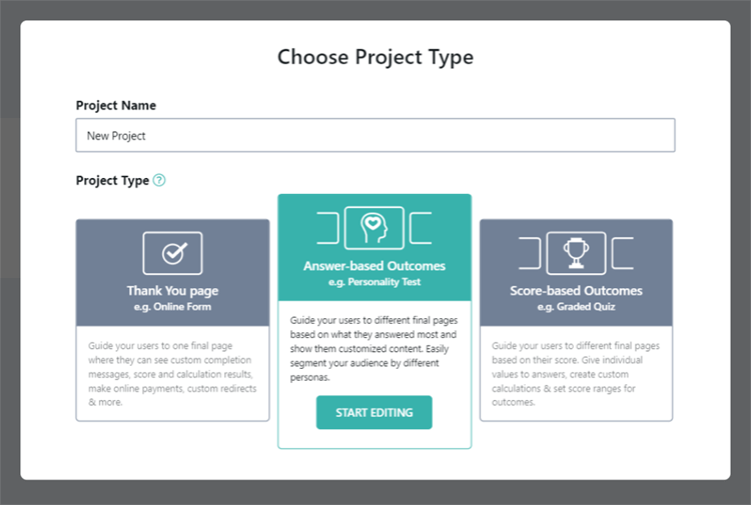 choose project type in involve.me editor.