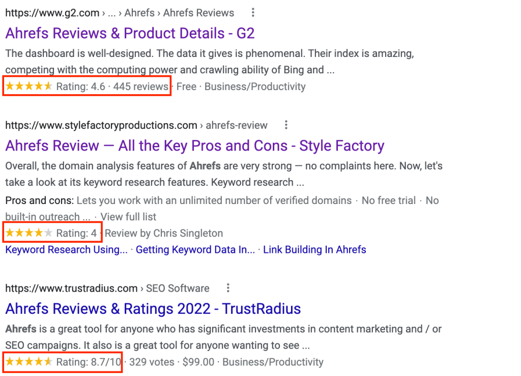 ahrefs search result reviews.