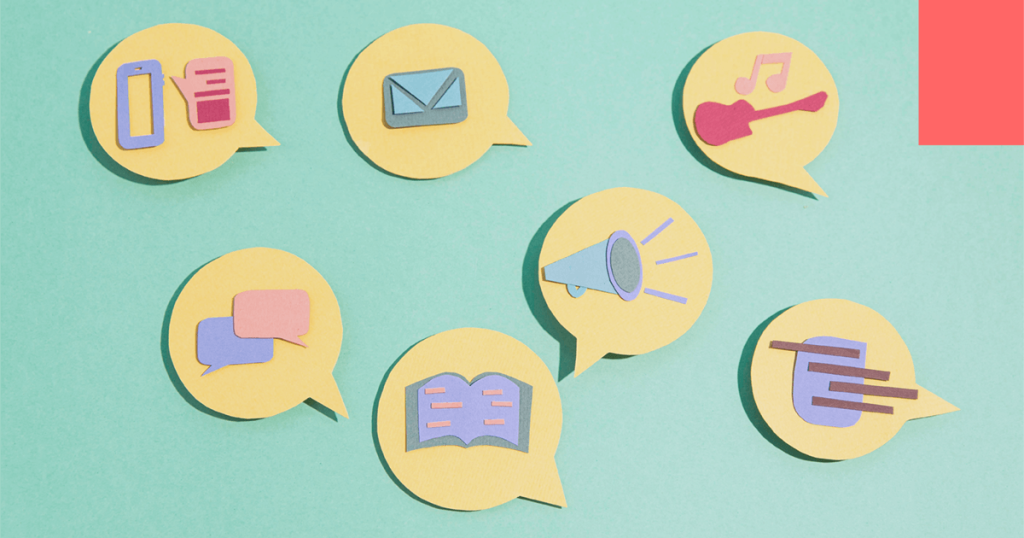 speech bubbles with various icons.