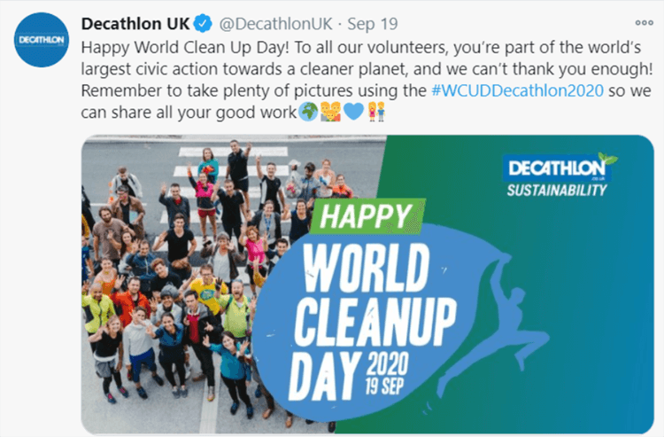 Decathlon UK twitter post about world clean up day.