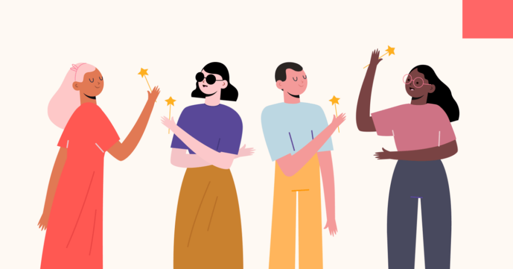 illustration of people holding stars on a stick.