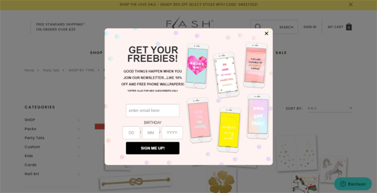 Flash Tattoos uses a pop-up to offer freebies.