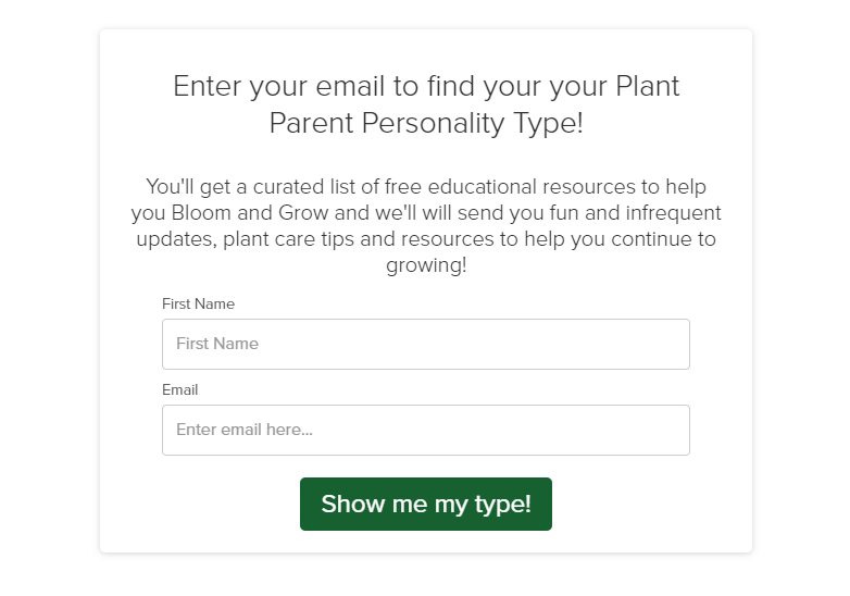 data collection screen for plant parent personality quiz.