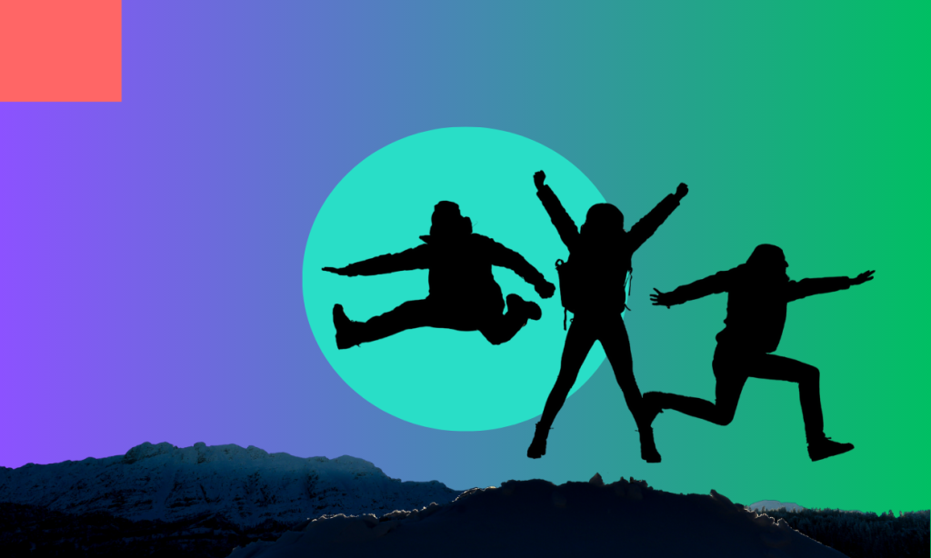three people jumping on a colourful background.