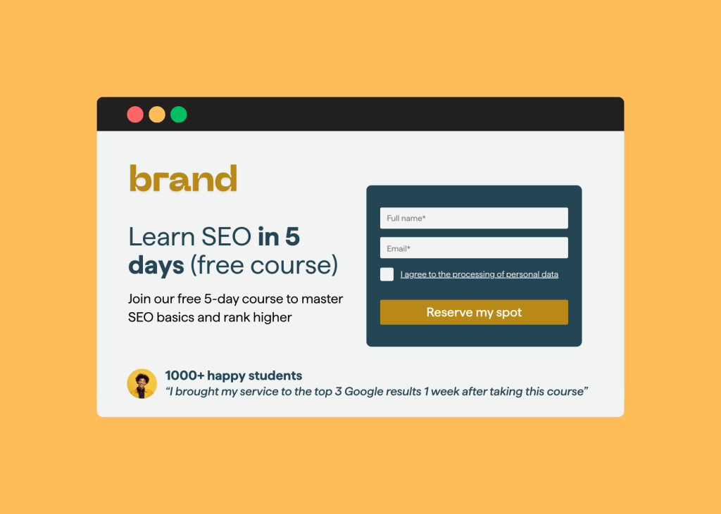 Example of hero section for the landing page of a SEO course.