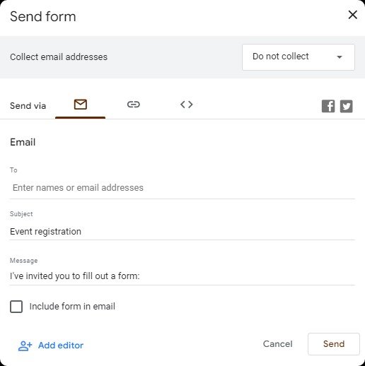 Create a Event Registration Form on Google Forms.
