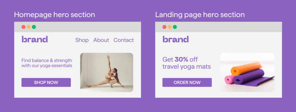 Difference hero section for homepage and landing page.