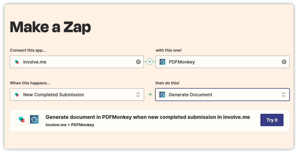 make a zap between involve.me and pdfmonkey.