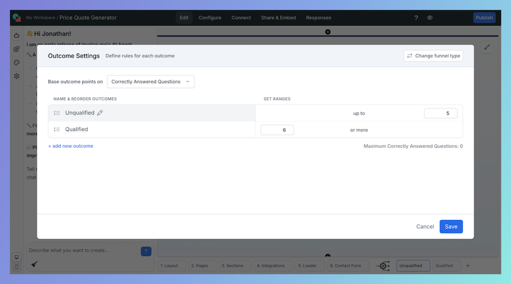 involve.me custom outcomes based on correctly answered questions.