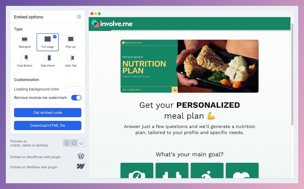 involve.me preview of embed options.