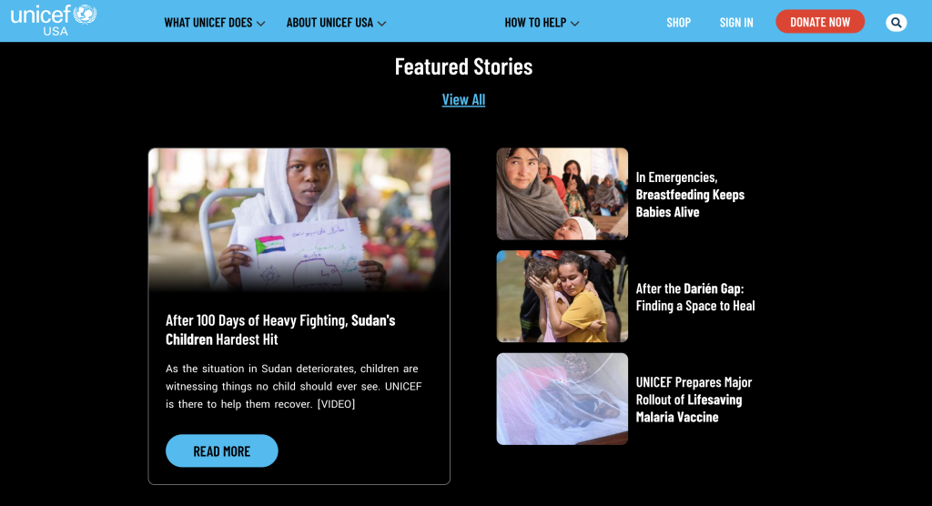 unicef USA homepage.