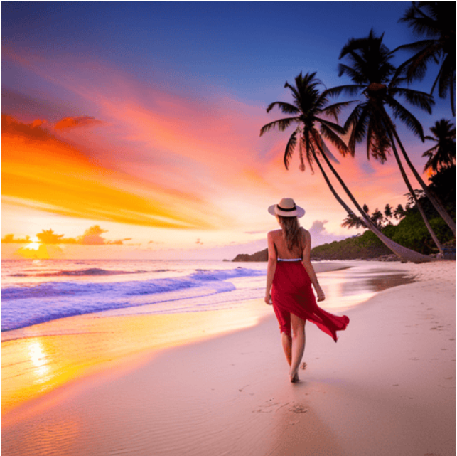 woman backwards on a tropical beach.