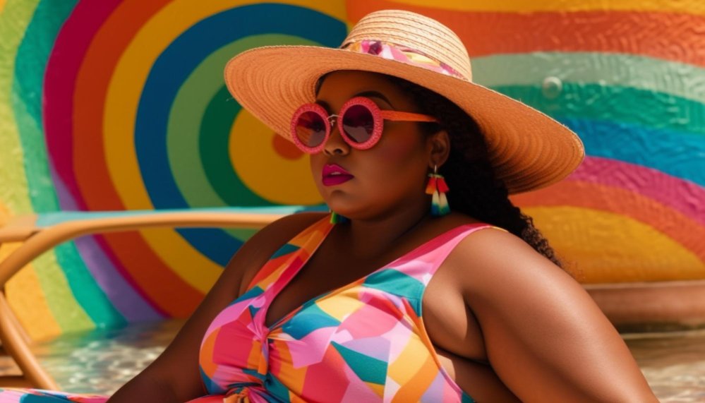 A woman in a colorful hat and sunglasses.